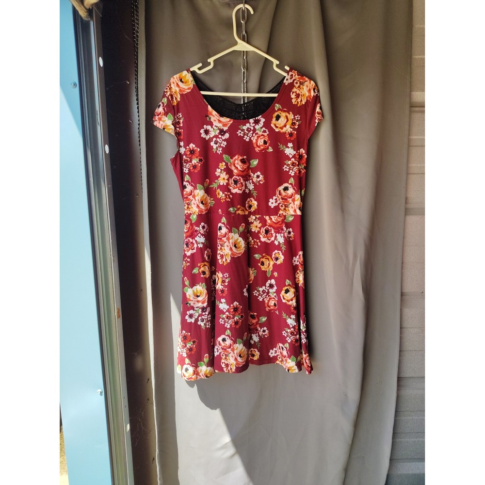 No Boundaries Burgundy Floral Lace Back Fit Flare Dress Womens XXL 19 Mini Red